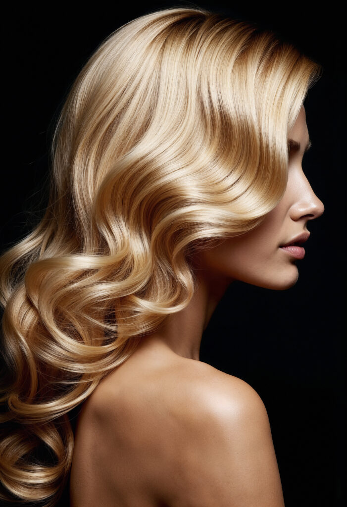 Profil d’une femme avec de longs cheveux blonds ondulés, brillants et coiffés avec soin par la coiffeuse à domicile à La Destrousse, Les Coiffures de Mel, symbolisant leur expertise.